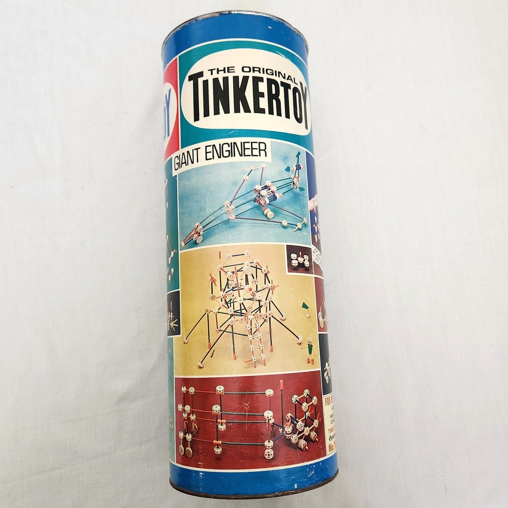 Vintage Tinkertoy Giant Engineer Construction Set 213 Pieces Original Canister